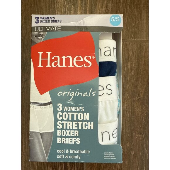 Hanes Women's Cotton Boxer Briefs 3 pairs, size small, size 5, Blue, White Flora - Picture 1 of 3
